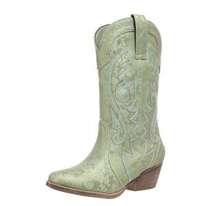 Women's Mid Calf Cowboy Boots Pointy Toe Embroidery Chunky Heel Wide Calf